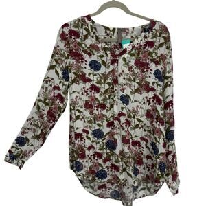 Brina & Em Lemmy Silky Floral V Neck Top Size Medium Long Sleeve Pullover